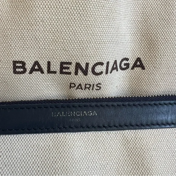 Balenciaga $1,200 Cabas Canvas Navy Leather Trim Tote Bag